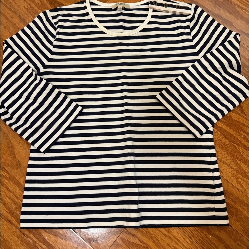 Burberry long sleeve women's cotton tee navy white stripe 3/4 sleeve sz large
